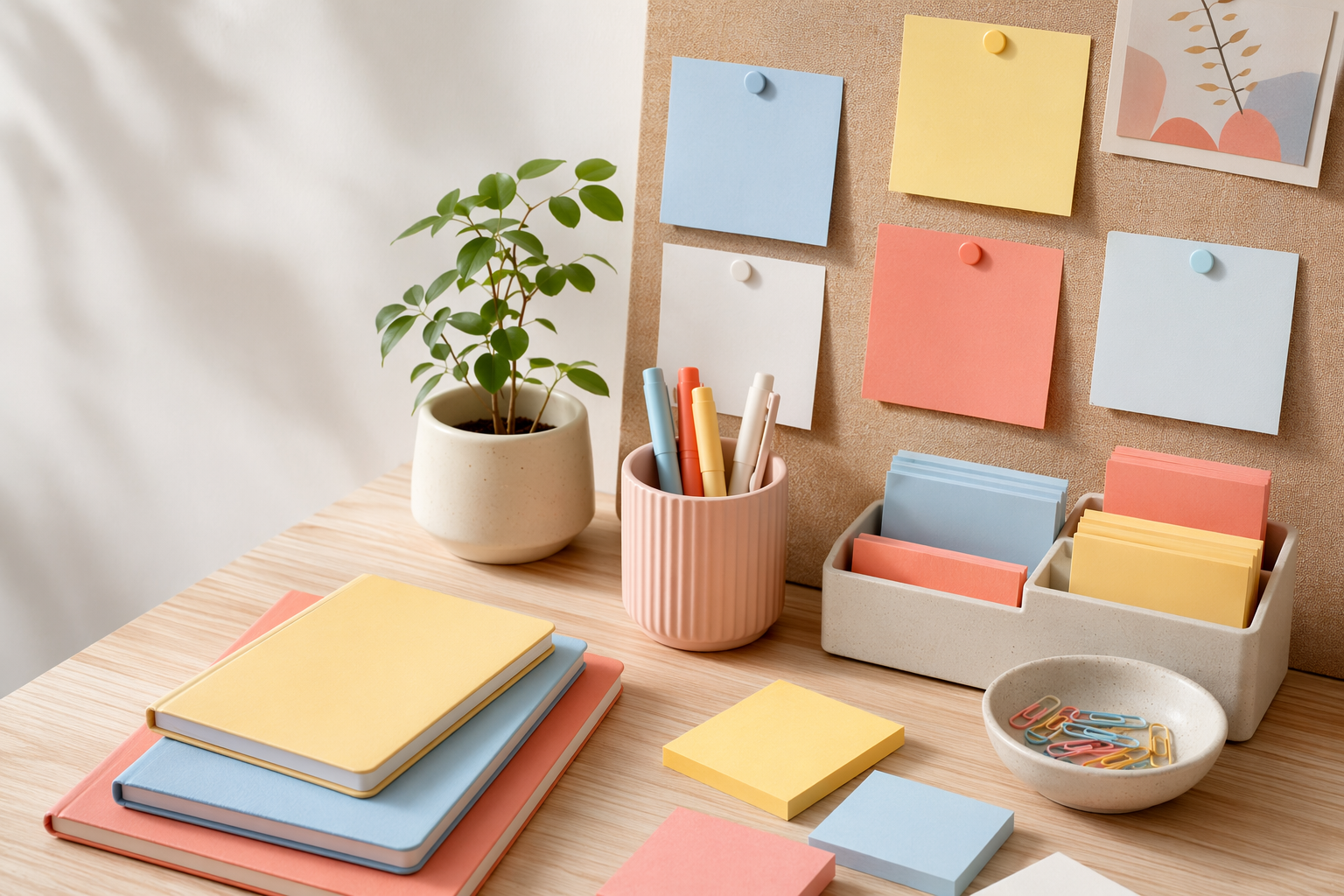 A warm, colourful office desk mood board with pastel sticky notes, notebooks, pens and a tidy tray